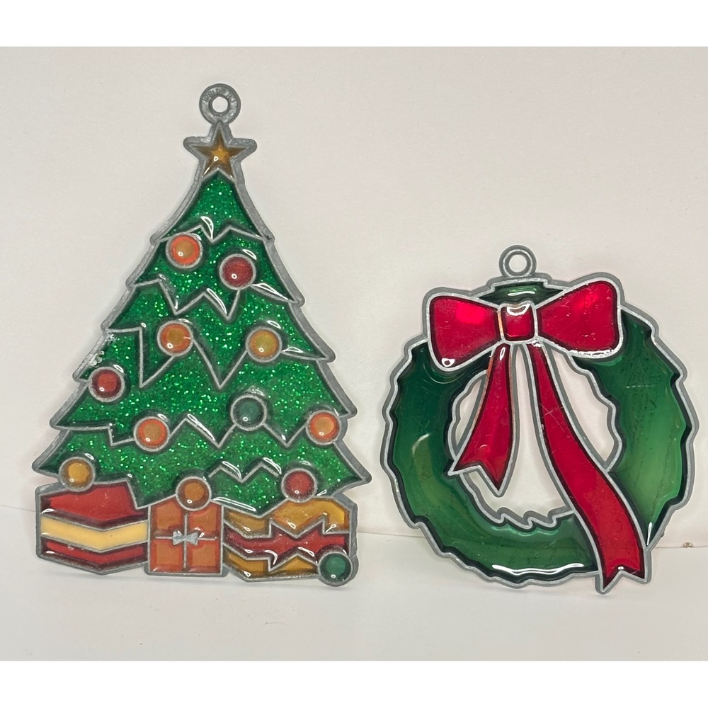 Vintage Metal Christmas Suncatcher Ornaments Tree and Wreath Stained Glass Style